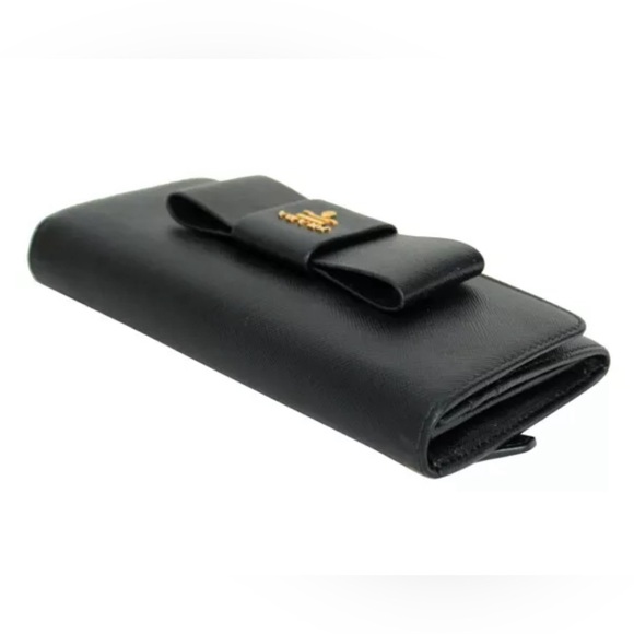 Prada ribbon long saffiano black continental bow wallet with Prada box - Picture 3 of 16